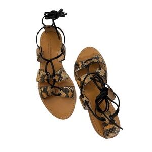 Club Monaco Thiais Tan Black Snakeskin Leather Lace Tie  Sandals Sz 8 Wo…
